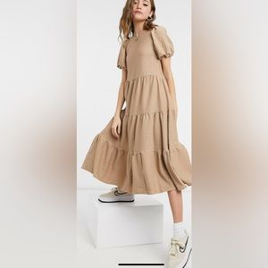 asos design oversized textured midi smock dress in dark taupe